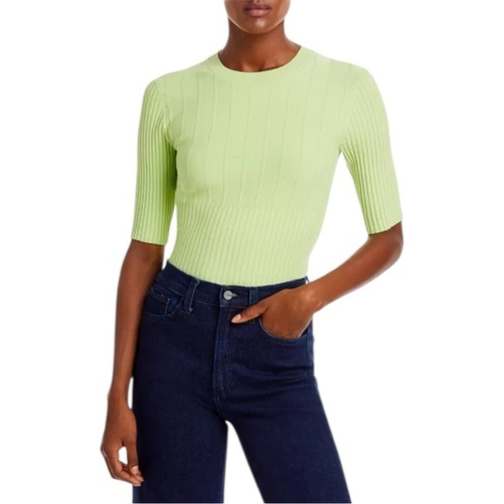 FRAME Ribbed-Knit Top With Pointelle Trims Chartreuse Size XSmall